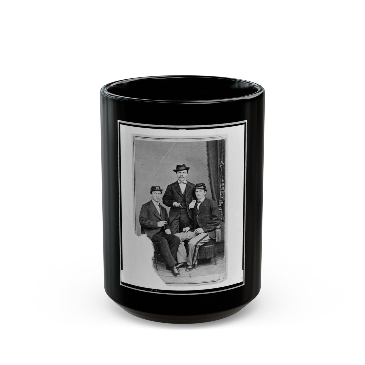 Unidentified Group Of Three Men, Full-Length Portrait, Two Seated, One Standing In The Background, Facing Front (U.S. Civil War) Black Coffee Mug-15oz-The Sticker Space