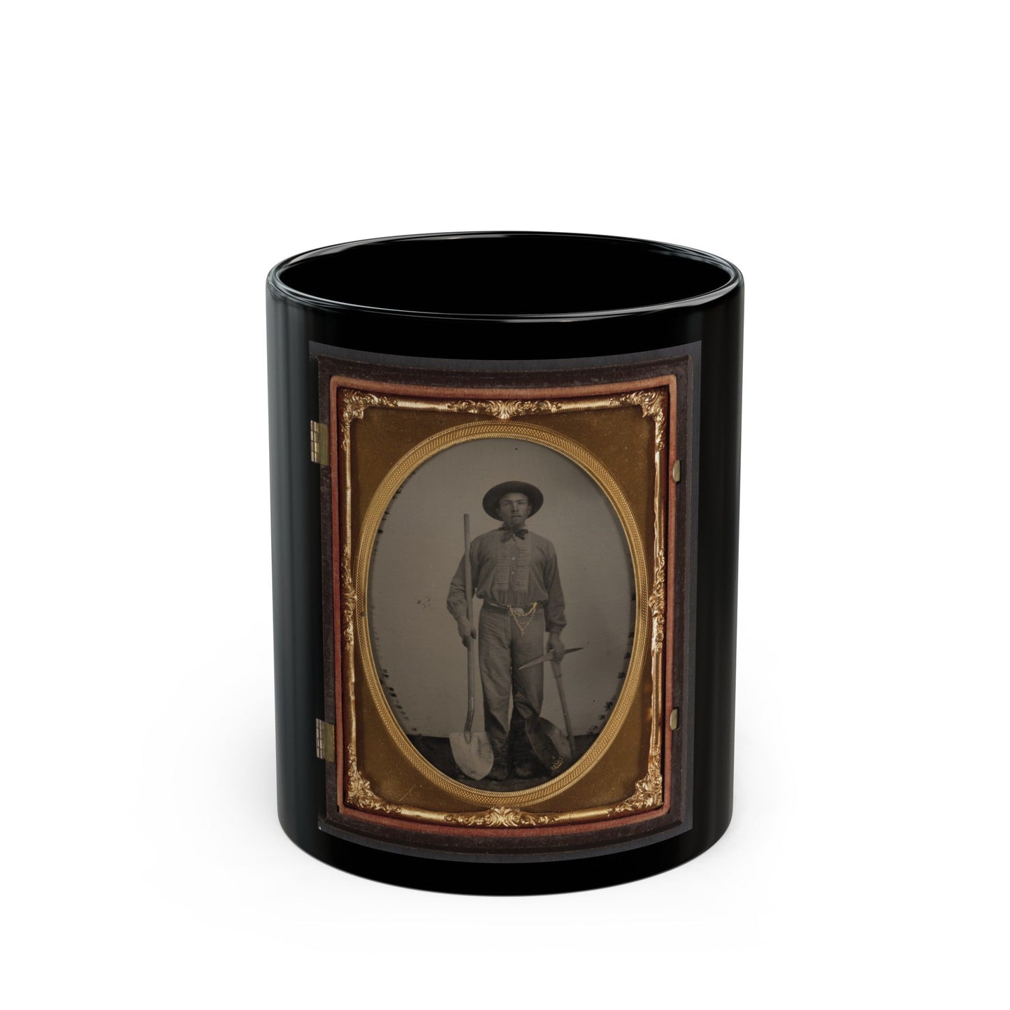 Unidentified Man With Gold Mining Equipment And Wearing A U.S. Beltplate (U.S. Civil War) Black Coffee Mug-11oz-The Sticker Space