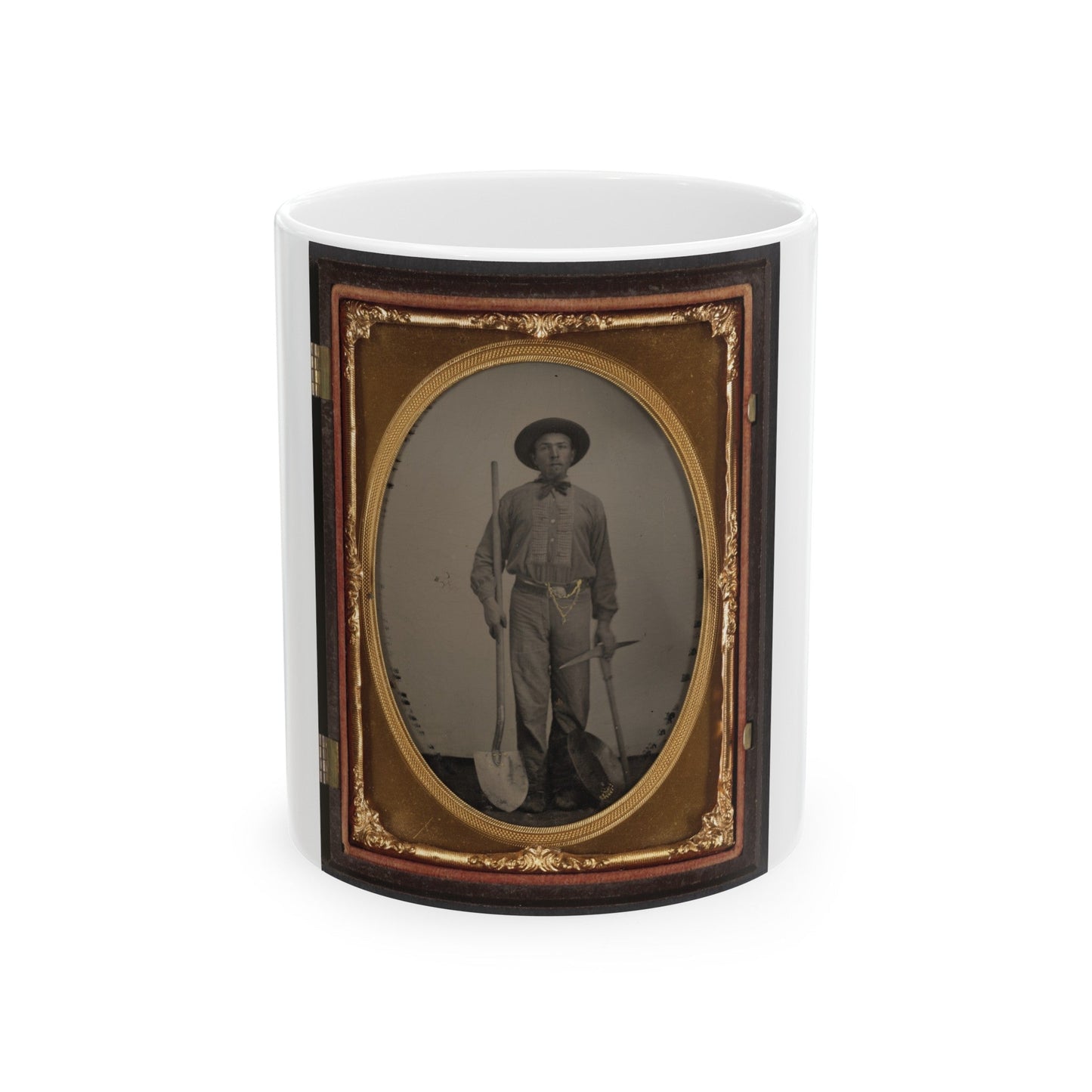 Unidentified Man With Gold Mining Equipment And Wearing A U.S. Beltplate (U.S. Civil War) White Coffee Mug-11oz-The Sticker Space