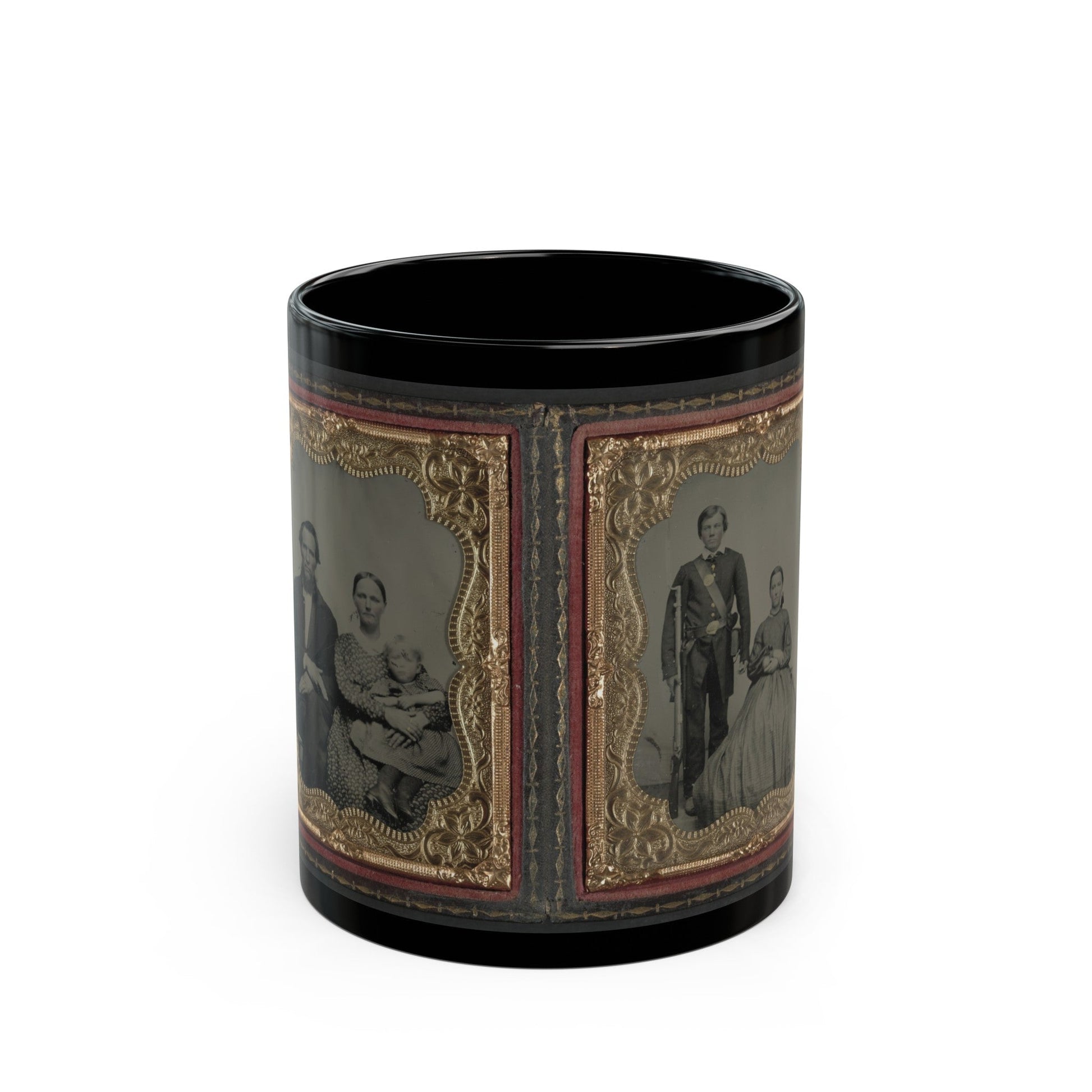 Unidentified Man, Woman, And Child And Unidentified Soldier With Musket And Woman (U.S. Civil War) Black Coffee Mug-11oz-The Sticker Space