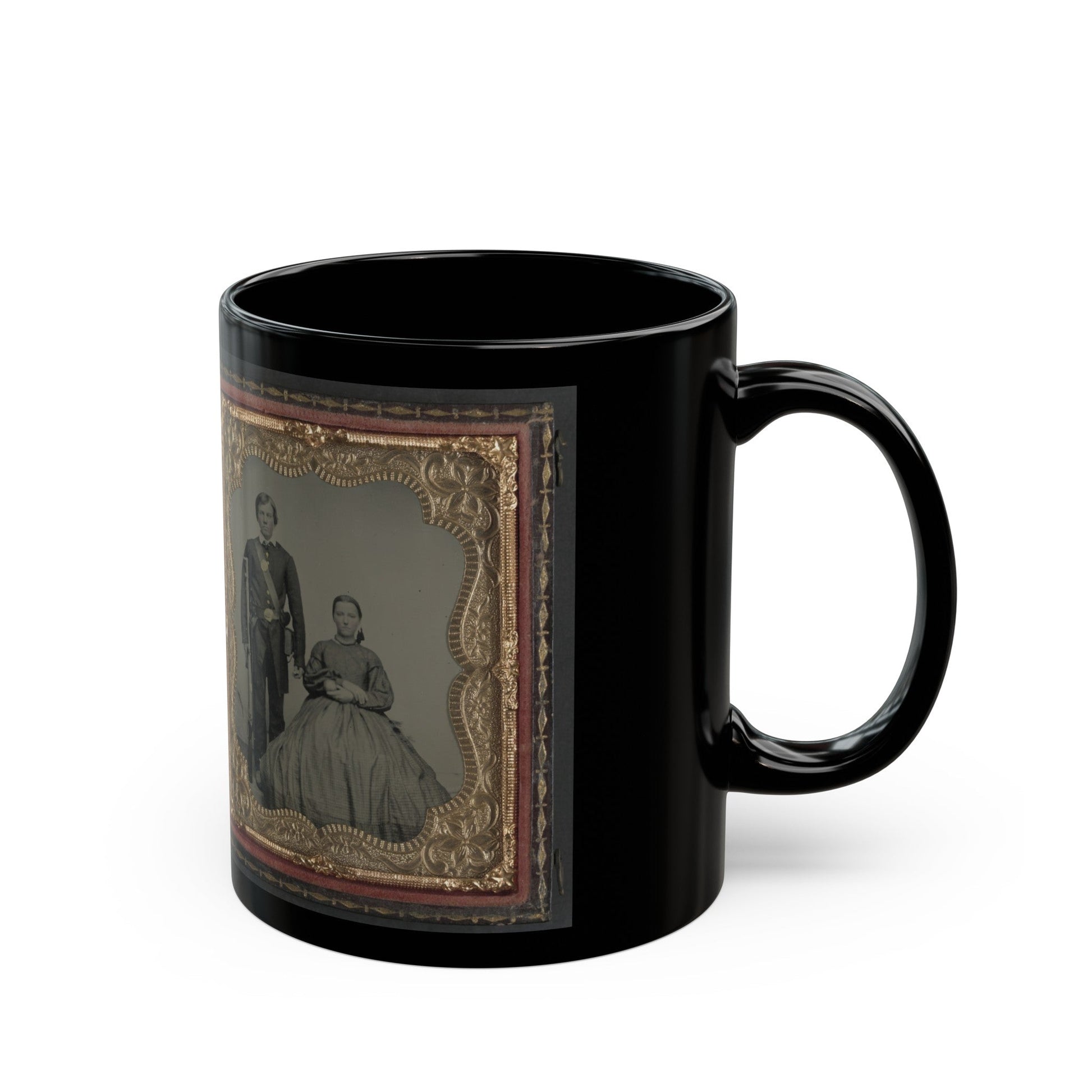 Unidentified Man, Woman, And Child And Unidentified Soldier With Musket And Woman (U.S. Civil War) Black Coffee Mug-The Sticker Space