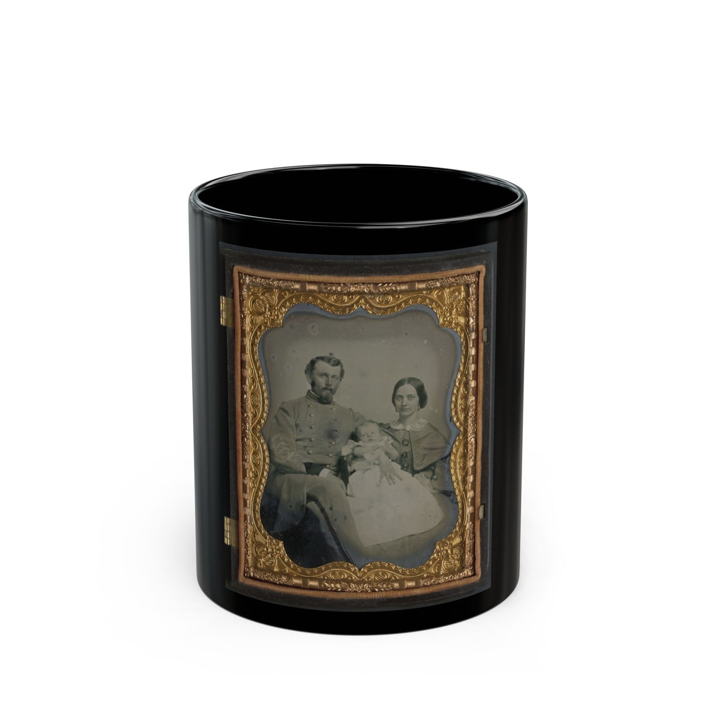 Unidentified Officer In Confederate Uniform With Wife And Baby (U.S. Civil War) Black Coffee Mug-11oz-The Sticker Space