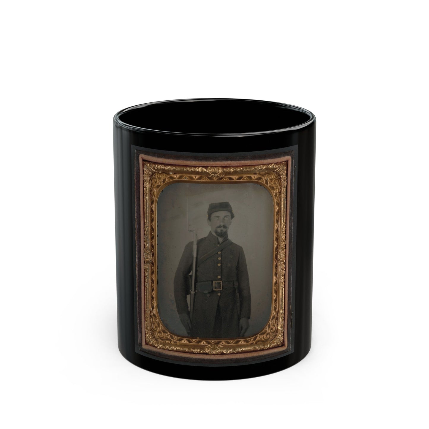 Unidentified Private In Confederate Uniform And Georgia Frame Buckle With Bayoneted Musket (U.S. Civil War) Black Coffee Mug-11oz-The Sticker Space