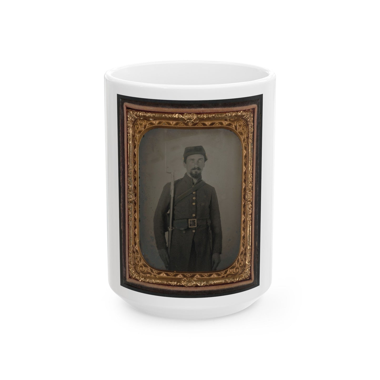 Unidentified Private In Confederate Uniform And Georgia Frame Buckle With Bayoneted Musket (U.S. Civil War) White Coffee Mug-15oz-The Sticker Space