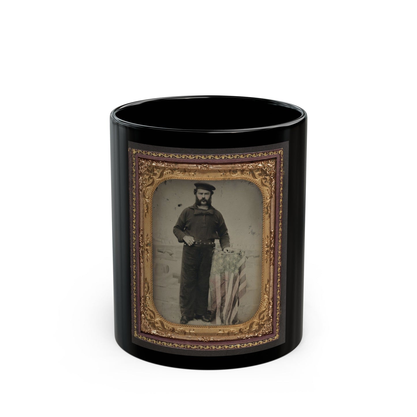 Unidentified Sailor In Union Uniform At American Flag-Draped Table In Front Of Painted Backdrop Showing Naval Ship (U.S. Civil War) Black Coffee Mug-11oz-The Sticker Space