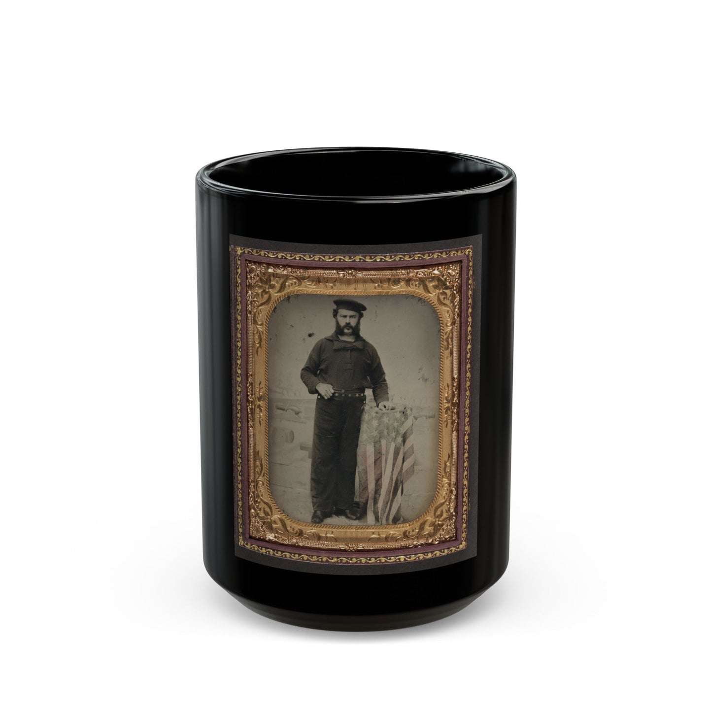 Unidentified Sailor In Union Uniform At American Flag-Draped Table In Front Of Painted Backdrop Showing Naval Ship (U.S. Civil War) Black Coffee Mug-15oz-The Sticker Space