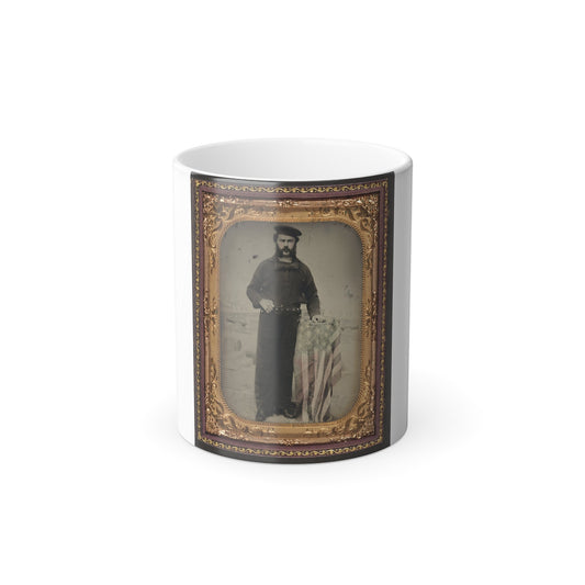 Unidentified Sailor in Union Uniform at American Flag-Draped Table in Front of Painted Backdrop Showing Naval Ship (U.S. Civil War) Color Morphing Mug 11oz-11oz-The Sticker Space