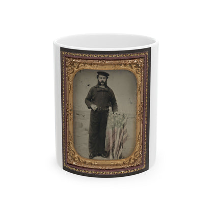 Unidentified Sailor In Union Uniform At American Flag-Draped Table In Front Of Painted Backdrop Showing Naval Ship (U.S. Civil War) White Coffee Mug-11oz-The Sticker Space