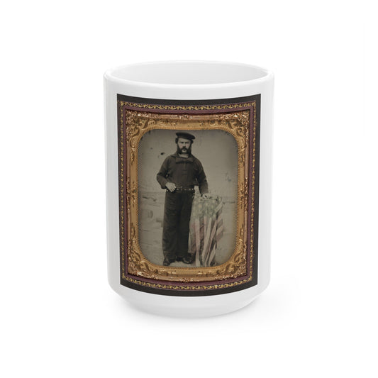 Unidentified Sailor In Union Uniform At American Flag-Draped Table In Front Of Painted Backdrop Showing Naval Ship (U.S. Civil War) White Coffee Mug-15oz-The Sticker Space