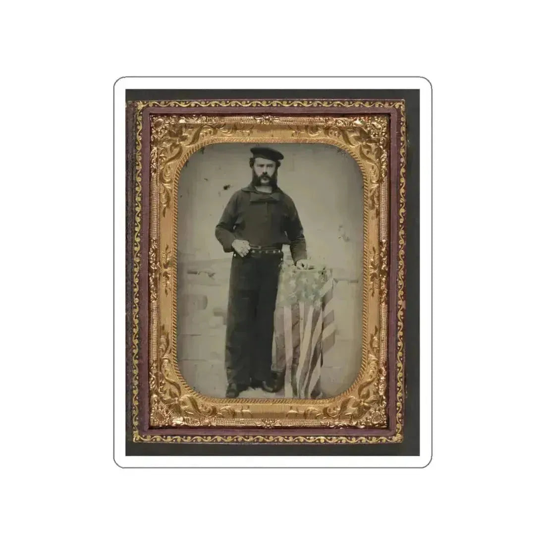 Unidentified Sailor In Union Uniform At American Flag-Draped Table In Front Of Painted  Backdrop Showing Naval Ship (U.S. Civil War) STICKER Vinyl Die-Cut Decal White Die-Cut 5 Inch - The Sticker Space