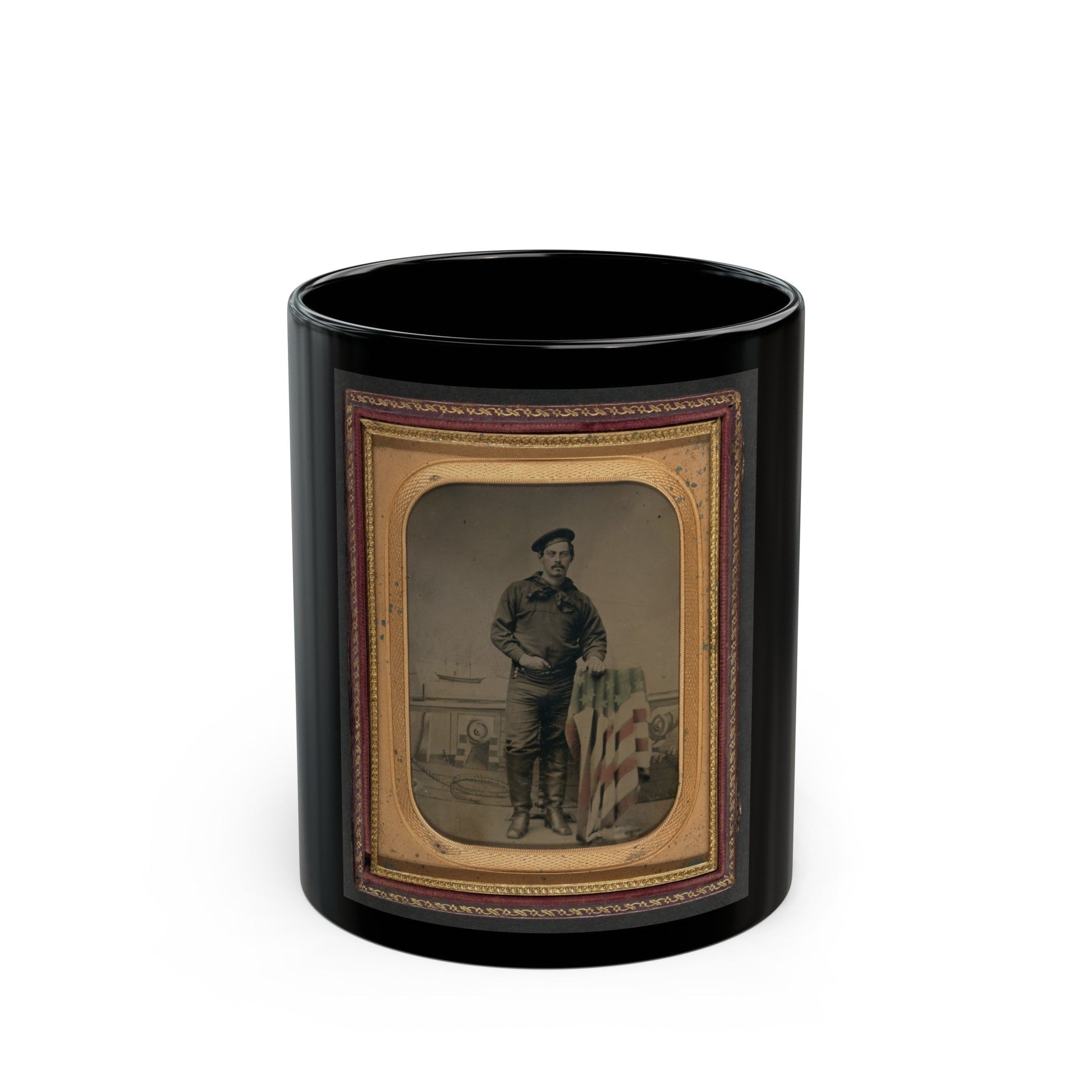 Unidentified Sailor In Union Uniform Resting Hand On American Flag-Draped Table In Front Of Painted Backdrop Showing Naval Scene (U.S. Civil War) Black Coffee Mug-11oz-The Sticker Space