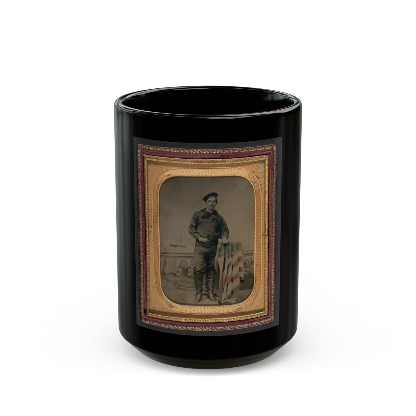 Unidentified Sailor In Union Uniform Resting Hand On American Flag-Draped Table In Front Of Painted Backdrop Showing Naval Scene (U.S. Civil War) Black Coffee Mug-15oz-The Sticker Space