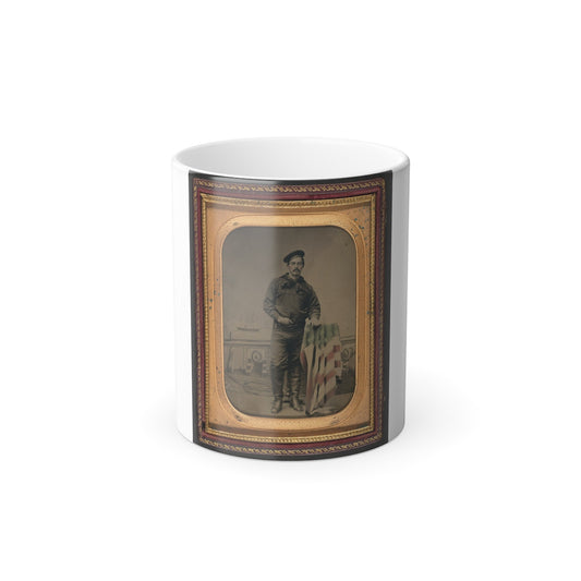 Unidentified Sailor in Union Uniform Resting Hand on American Flag-Draped Table in Front of Painted Backdrop Showing Naval Scene (U.S. Civil War) Color Morphing Mug 11oz-11oz-The Sticker Space