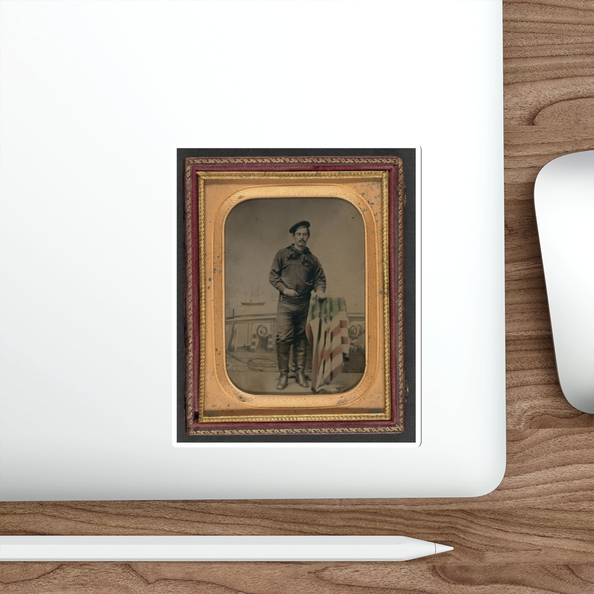 Unidentified Sailor In Union Uniform Resting Hand On American Flag-Draped Table In Front Of Painted Backdrop Showing Naval Scene (U.S. Civil War) STICKER Vinyl Die-Cut Decal-The Sticker Space