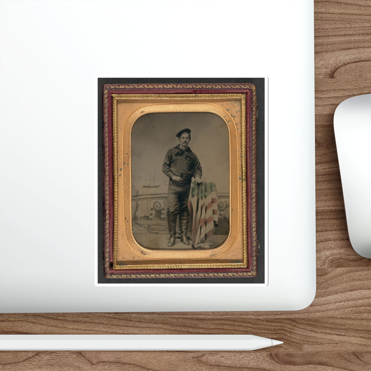 Unidentified Sailor In Union Uniform Resting Hand On American Flag-Draped Table In Front Of Painted Backdrop Showing Naval Scene (U.S. Civil War) STICKER Vinyl Die-Cut Decal-The Sticker Space