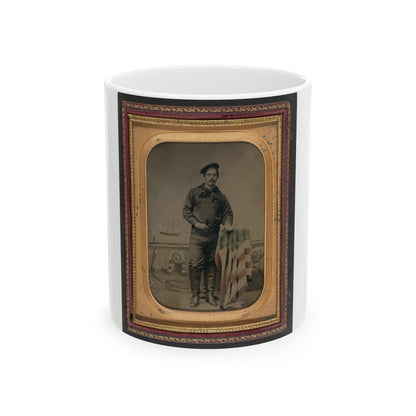 Unidentified Sailor In Union Uniform Resting Hand On American Flag-Draped Table In Front Of Painted Backdrop Showing Naval Scene (U.S. Civil War) White Coffee Mug-11oz-The Sticker Space