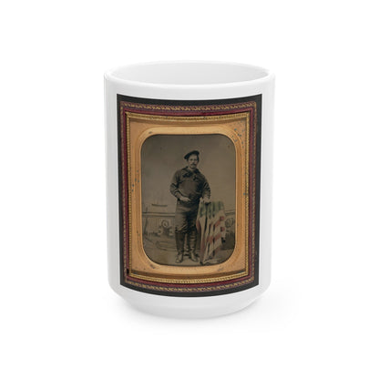 Unidentified Sailor In Union Uniform Resting Hand On American Flag-Draped Table In Front Of Painted Backdrop Showing Naval Scene (U.S. Civil War) White Coffee Mug-15oz-The Sticker Space