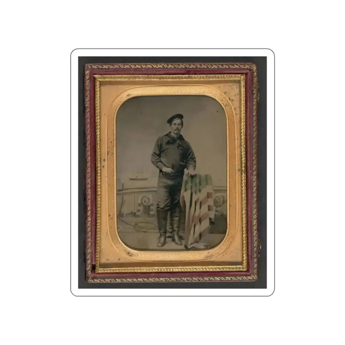 Unidentified Sailor In Union Uniform Resting Hand On American Flag-Draped Table In Front Of Painted Backdrop Showing Naval Scene (U.S. Civil War) STICKER Vinyl Die-Cut Decal - The Sticker Space