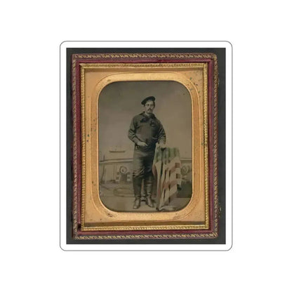 Unidentified Sailor In Union Uniform Resting Hand On American Flag-Draped Table In Front Of Painted Backdrop Showing Naval Scene (U.S. Civil War) STICKER Vinyl Die-Cut Decal White Die-Cut 3 Inch - The Sticker Space