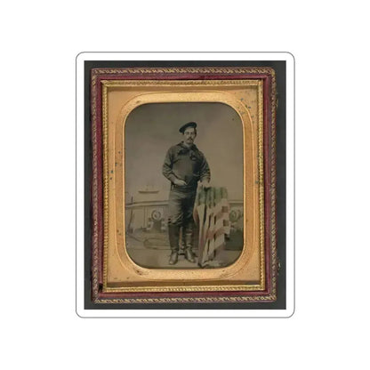 Unidentified Sailor In Union Uniform Resting Hand On American Flag-Draped Table In Front Of Painted Backdrop Showing Naval Scene (U.S. Civil War) STICKER Vinyl Die-Cut Decal White Die-Cut 6 Inch - The Sticker Space