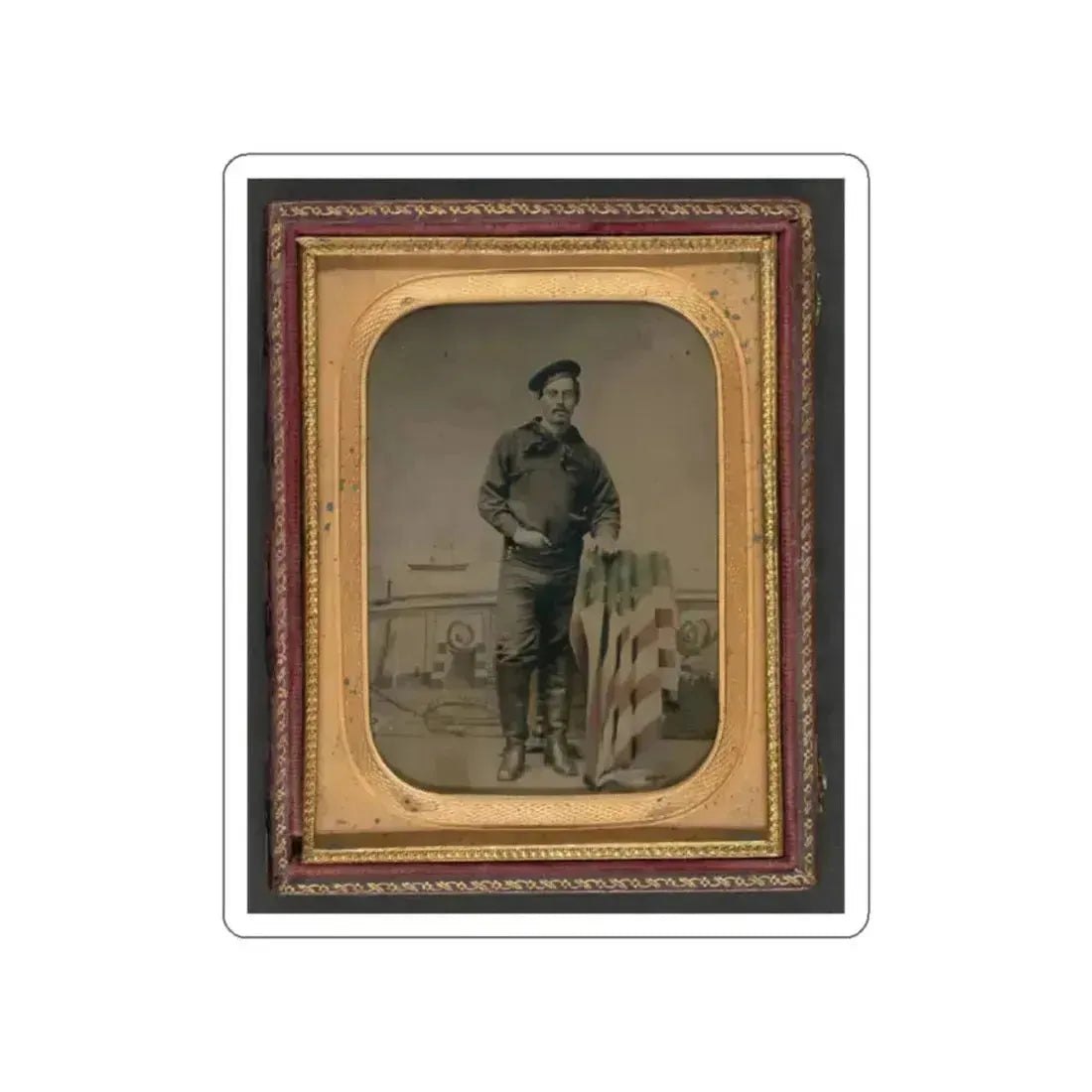 Unidentified Sailor In Union Uniform Resting Hand On American Flag-Draped Table In Front Of Painted Backdrop Showing Naval Scene (U.S. Civil War) STICKER Vinyl Die-Cut Decal White Die-Cut 2 Inch - The Sticker Space