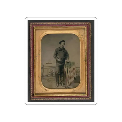 Unidentified Sailor In Union Uniform Resting Hand On American Flag-Draped Table In Front Of Painted Backdrop Showing Naval Scene (U.S. Civil War) STICKER Vinyl Die-Cut Decal White Die-Cut 2 Inch - The Sticker Space