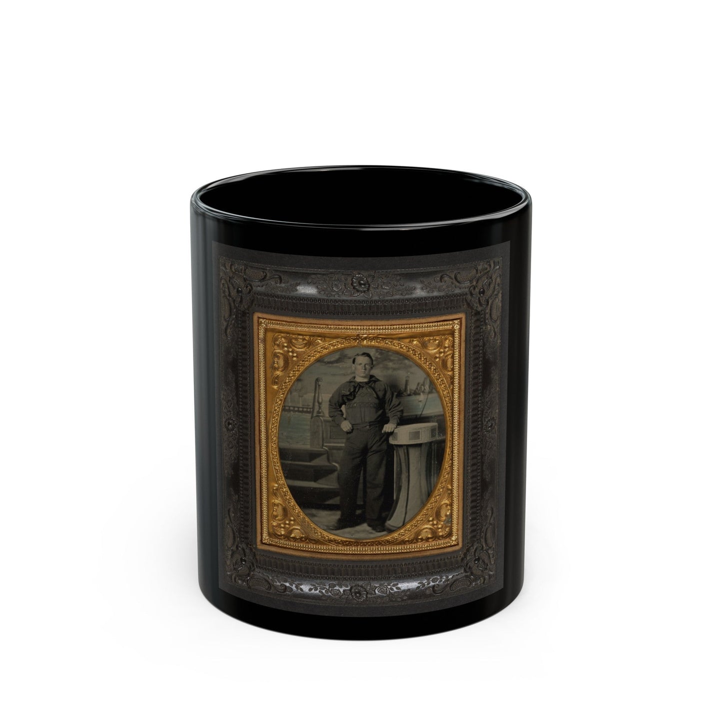 Unidentified Sailor In Union Uniform Standing In Front Of Painted Backdrop Showing Naval Scene (U.S. Civil War) Black Coffee Mug-11oz-The Sticker Space