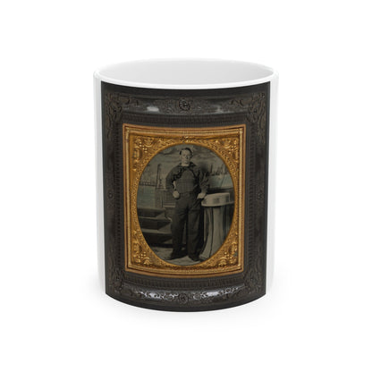 Unidentified Sailor In Union Uniform Standing In Front Of Painted Backdrop Showing Naval Scene (U.S. Civil War) White Coffee Mug-11oz-The Sticker Space