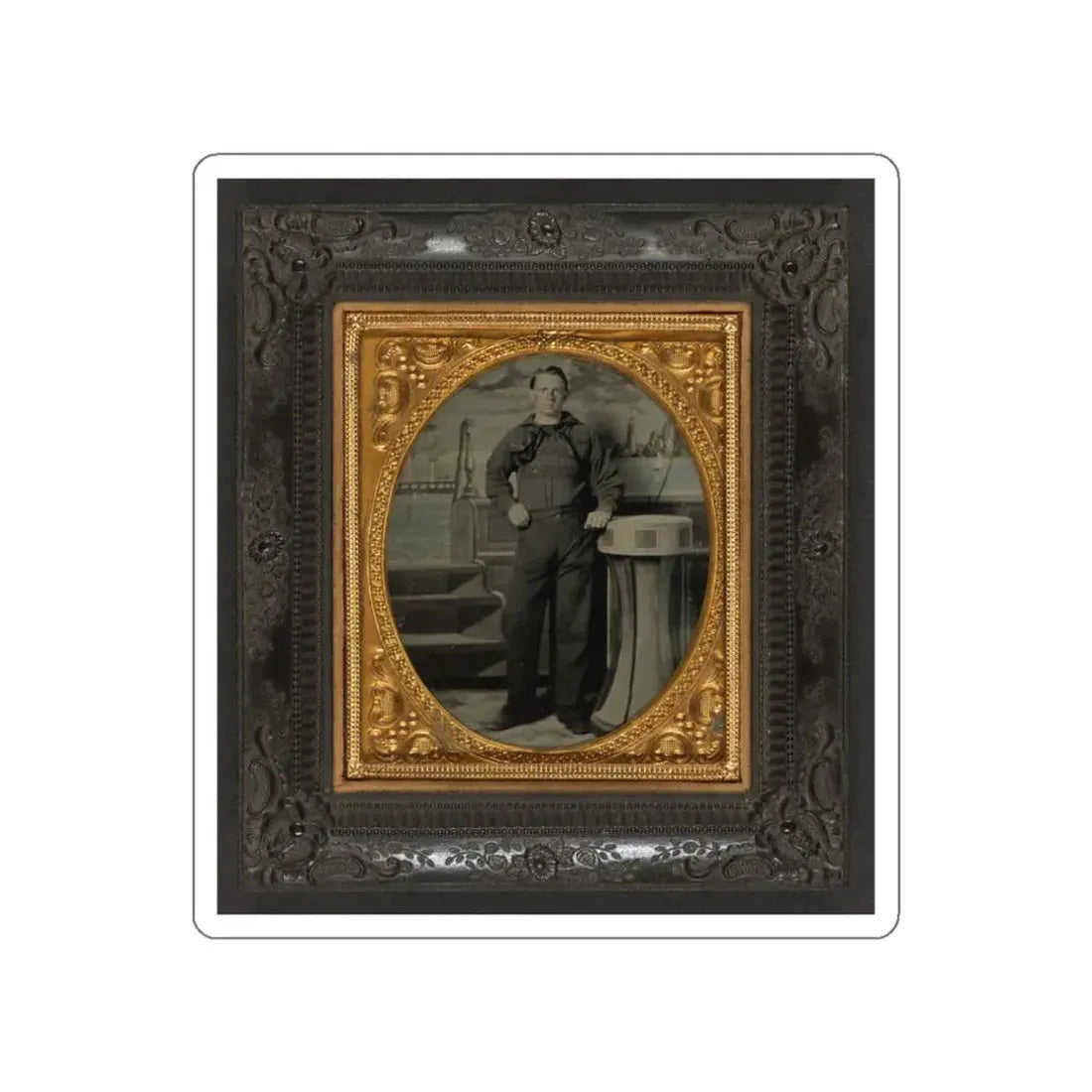 Unidentified Sailor In Union Uniform Standing In Front Of Painted Backdrop Showing Naval Scene (U.S. Civil War) STICKER Vinyl Die-Cut Decal - The Sticker Space