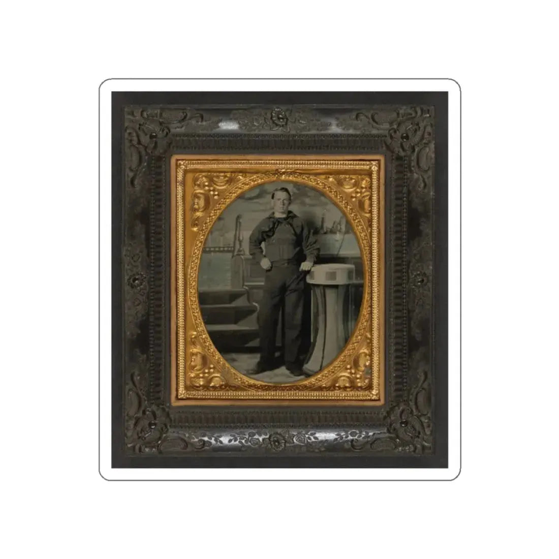 Unidentified Sailor In Union Uniform Standing In Front Of Painted Backdrop Showing Naval Scene (U.S. Civil War) STICKER Vinyl Die-Cut Decal White Die-Cut 2 Inch - The Sticker Space