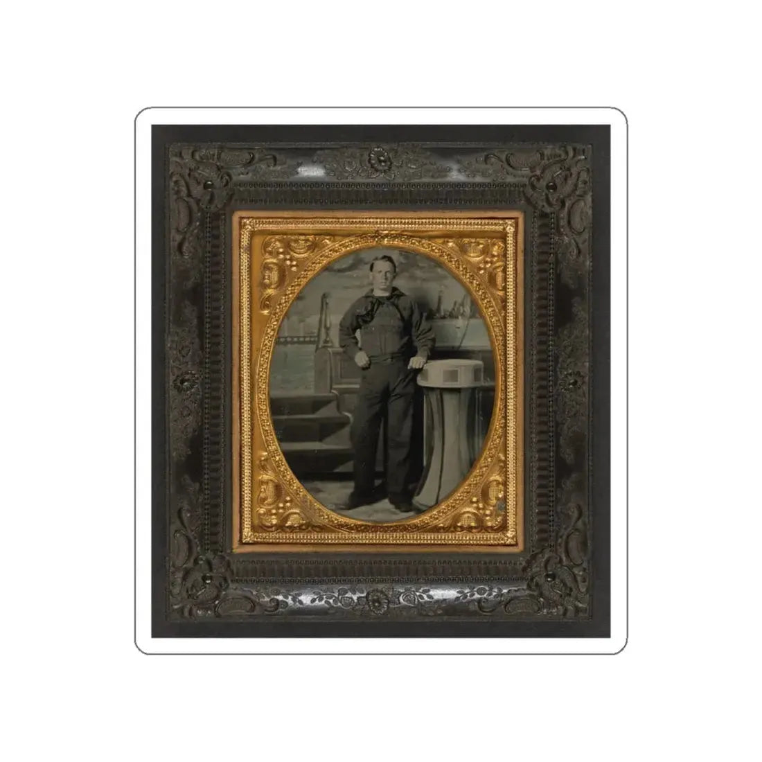 Unidentified Sailor In Union Uniform Standing In Front Of Painted Backdrop Showing Naval Scene (U.S. Civil War) STICKER Vinyl Die-Cut Decal White Die-Cut 6 Inch - The Sticker Space