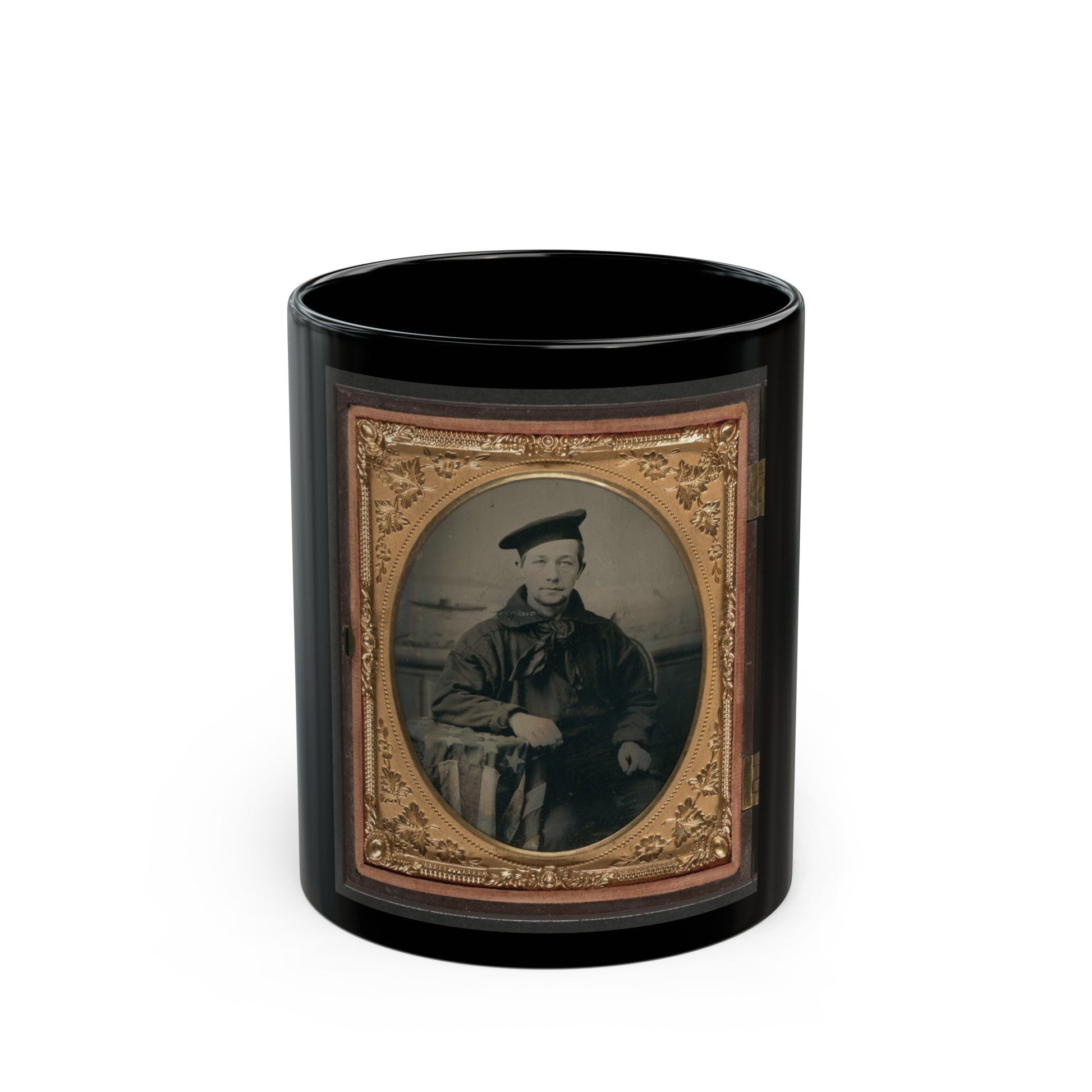 Unidentified Sailor In Union Uniform With An American Flag-Draped Table In Front Of Painted Backdrop Showing A Water Scene (U.S. Civil War) Black Coffee Mug-11oz-The Sticker Space