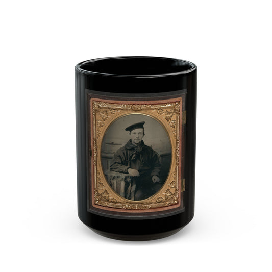 Unidentified Sailor In Union Uniform With An American Flag-Draped Table In Front Of Painted Backdrop Showing A Water Scene (U.S. Civil War) Black Coffee Mug-15oz-The Sticker Space