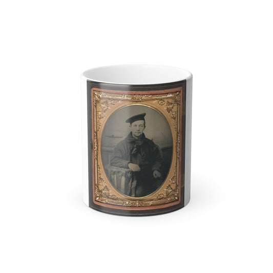 Unidentified Sailor in Union Uniform With an American Flag-Draped Table in Front of Painted Backdrop Showing a Water Scene (U.S. Civil War) Color Morphing Mug 11oz-11oz-The Sticker Space