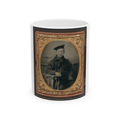 Unidentified Sailor In Union Uniform With An American Flag-Draped Table In Front Of Painted Backdrop Showing A Water Scene (U.S. Civil War) White Coffee Mug-11oz-The Sticker Space