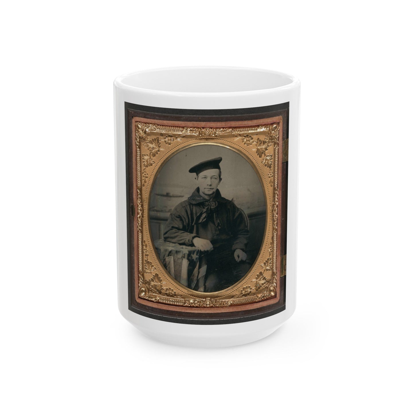 Unidentified Sailor In Union Uniform With An American Flag-Draped Table In Front Of Painted Backdrop Showing A Water Scene (U.S. Civil War) White Coffee Mug-15oz-The Sticker Space