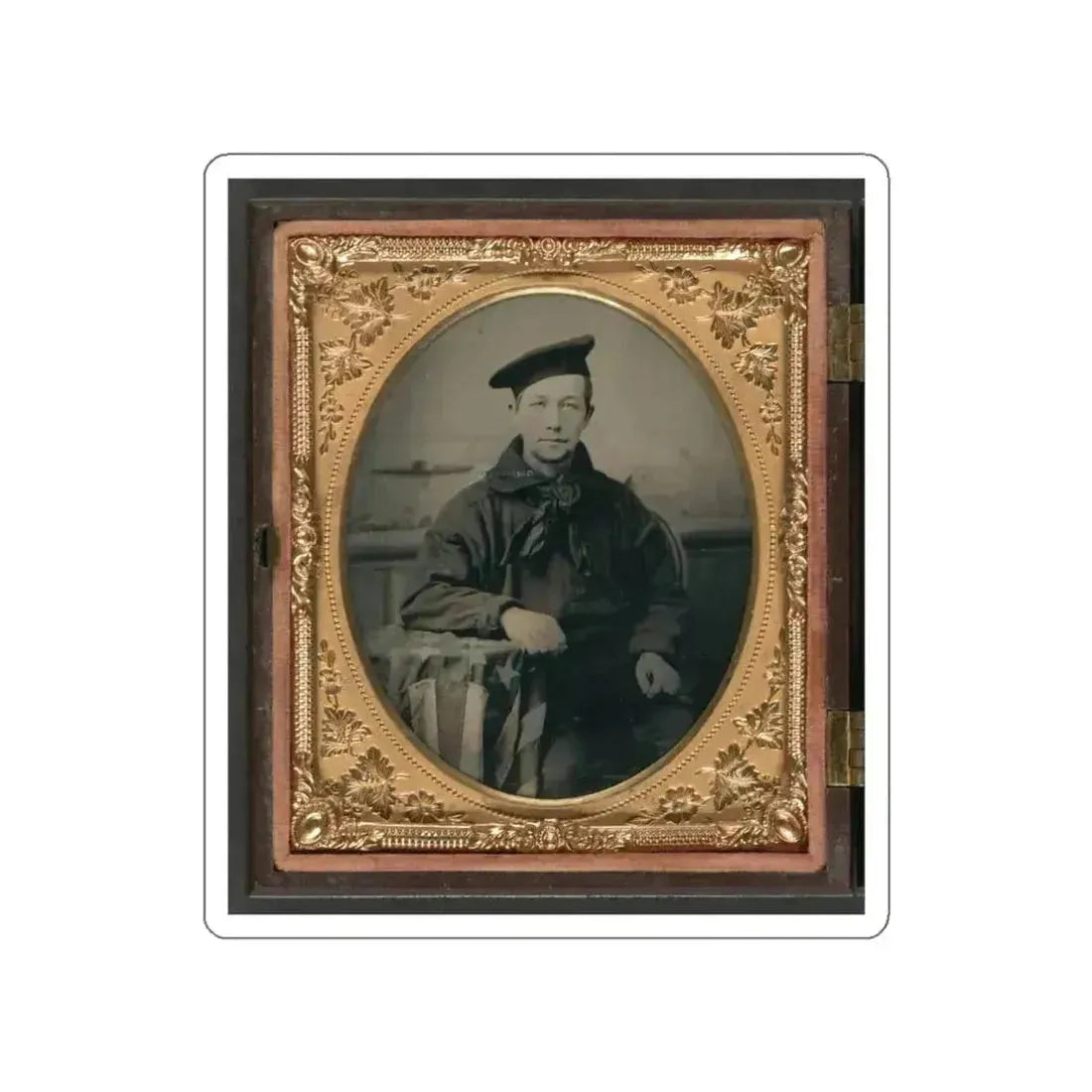 Unidentified Sailor In Union Uniform With An American Flag-Draped Table In Front Of Painted Backdrop Showing A Water Scene (U.S. Civil War) STICKER Vinyl Die-Cut Decal White Die-Cut 3 Inch - The Sticker Space
