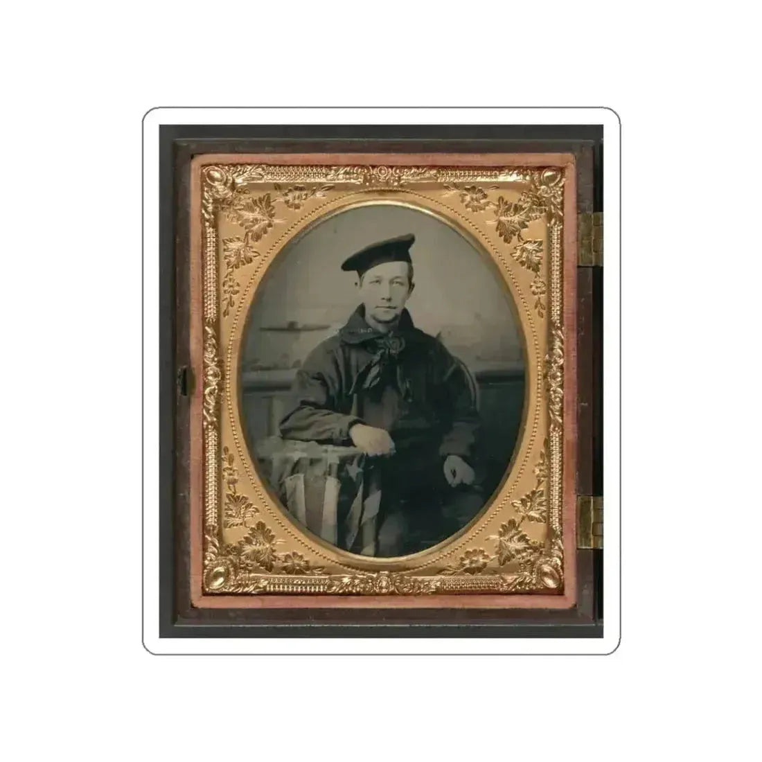 Unidentified Sailor In Union Uniform With An American Flag-Draped Table In Front Of Painted Backdrop Showing A Water Scene (U.S. Civil War) STICKER Vinyl Die-Cut Decal White Die-Cut 3 Inch - The Sticker Space