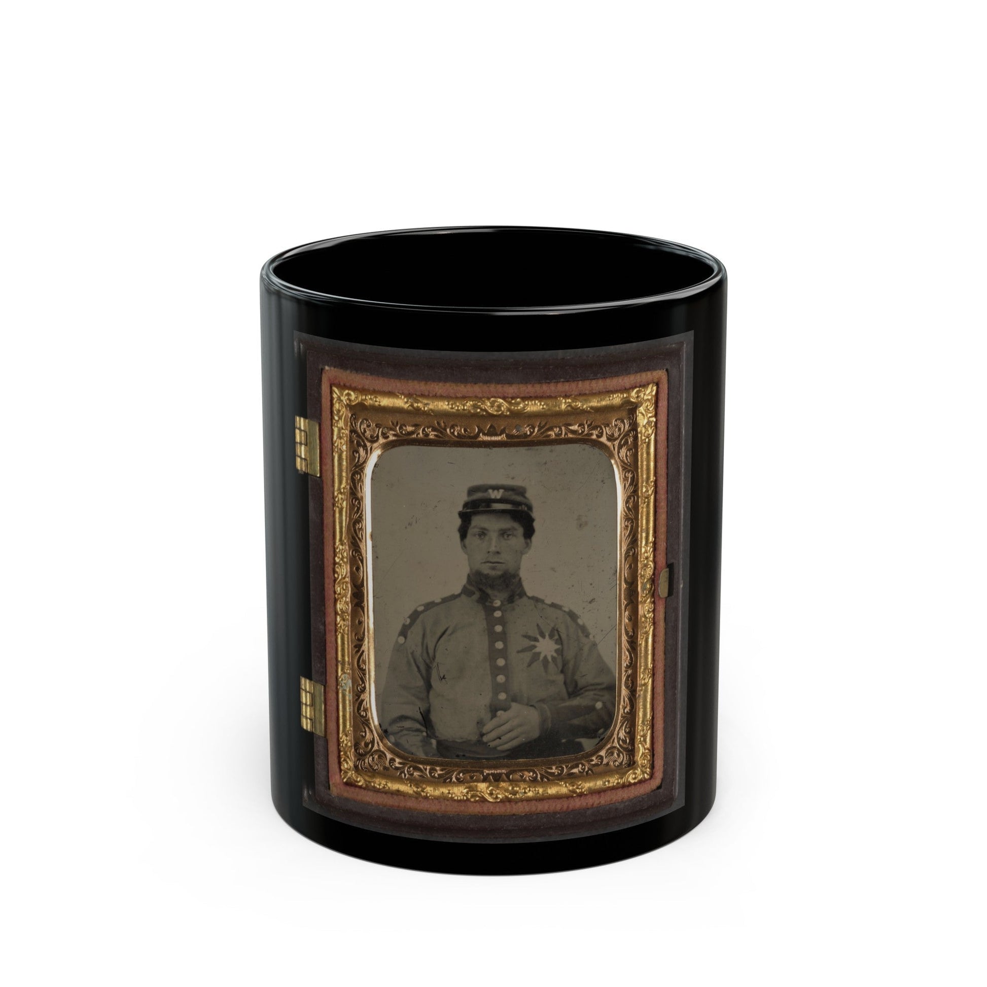 Unidentified Soldier From Co. B (Sunflower Dispersers), 3rd Mississippi Infantry Regiment In Uniform And Kepi With Letter W (U.S. Civil War) Black Coffee Mug-11oz-The Sticker Space