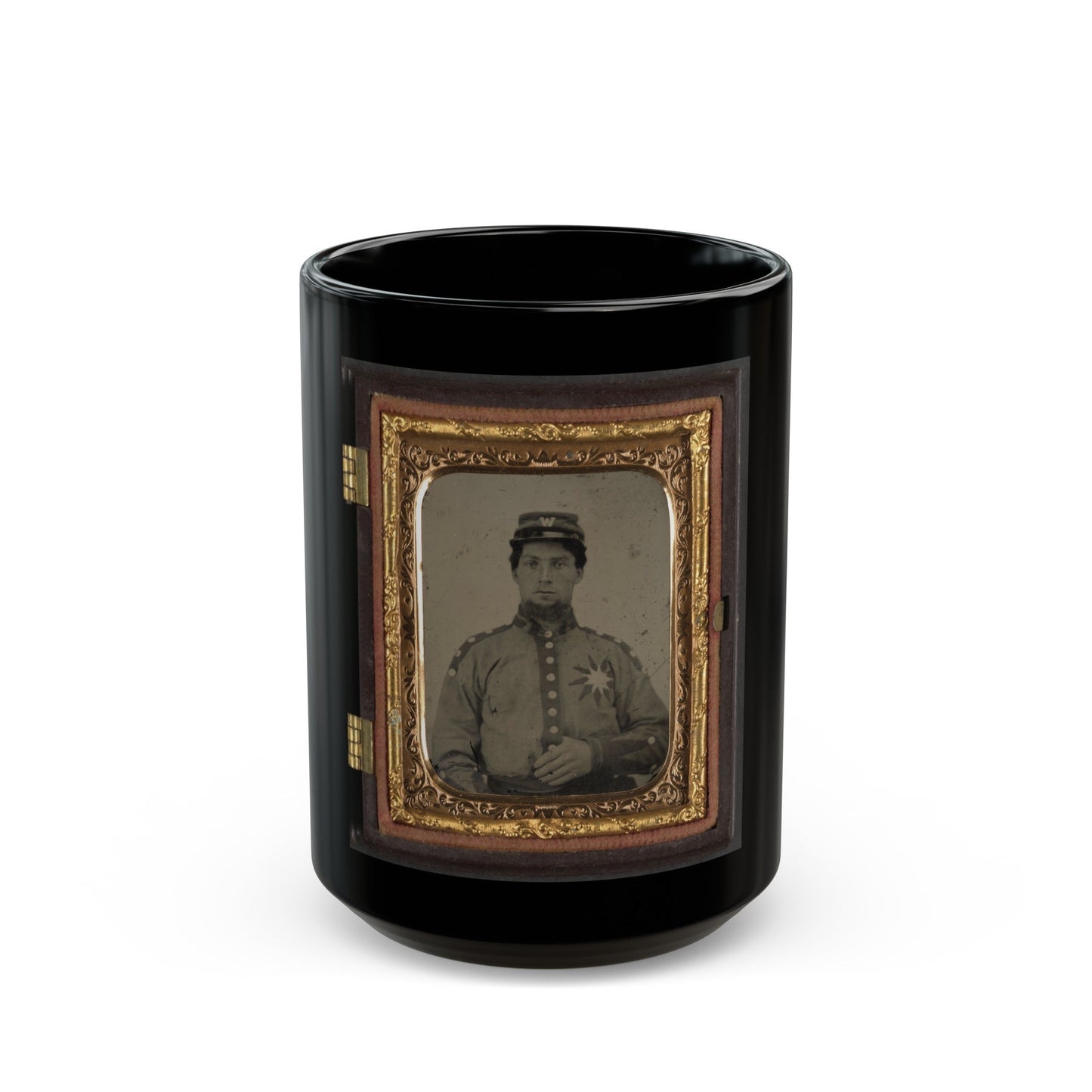 Unidentified Soldier From Co. B (Sunflower Dispersers), 3rd Mississippi Infantry Regiment In Uniform And Kepi With Letter W (U.S. Civil War) Black Coffee Mug-15oz-The Sticker Space