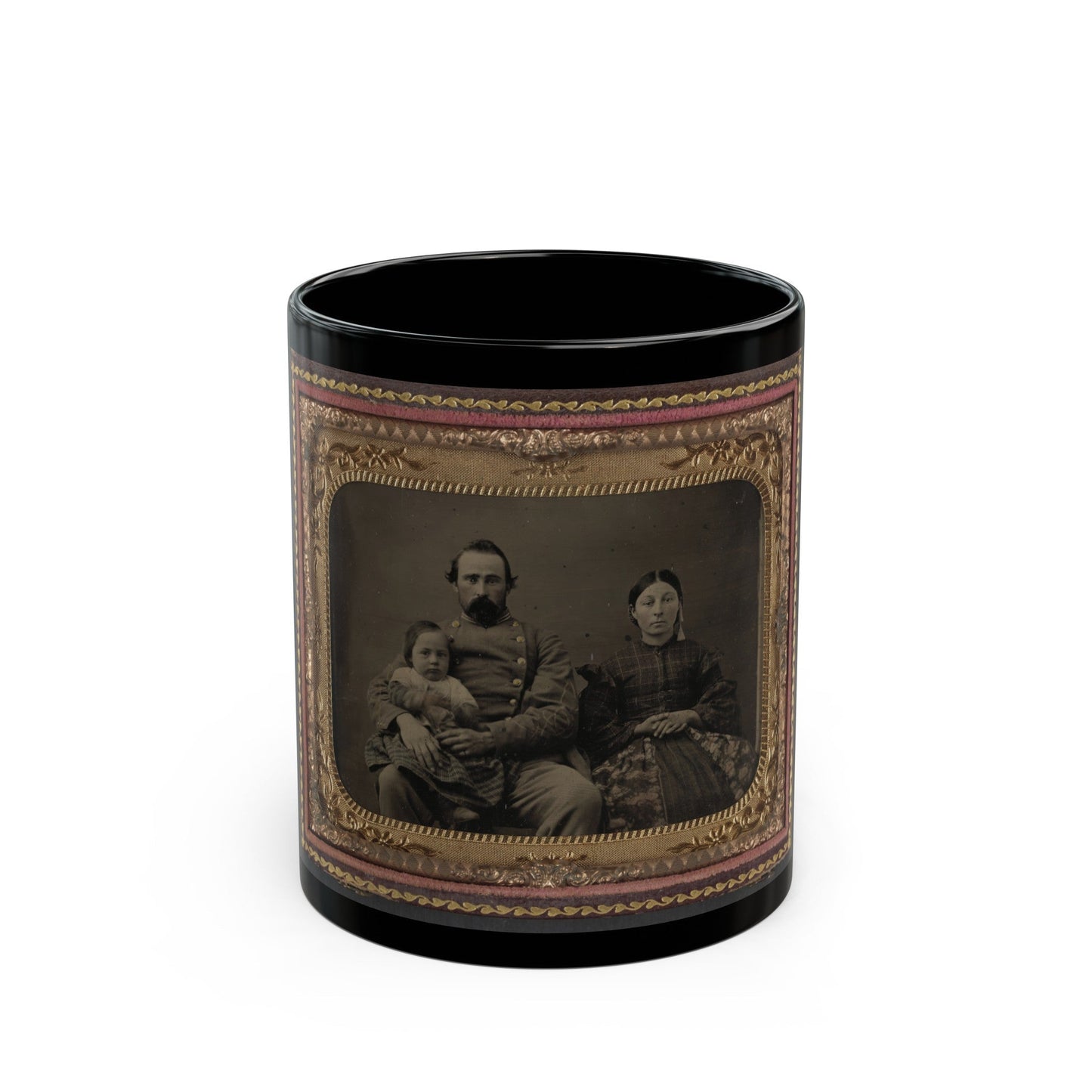 Unidentified Soldier In Confederate 1st Lieutenant's Uniform With Wife And Baby (U.S. Civil War) Black Coffee Mug-11oz-The Sticker Space