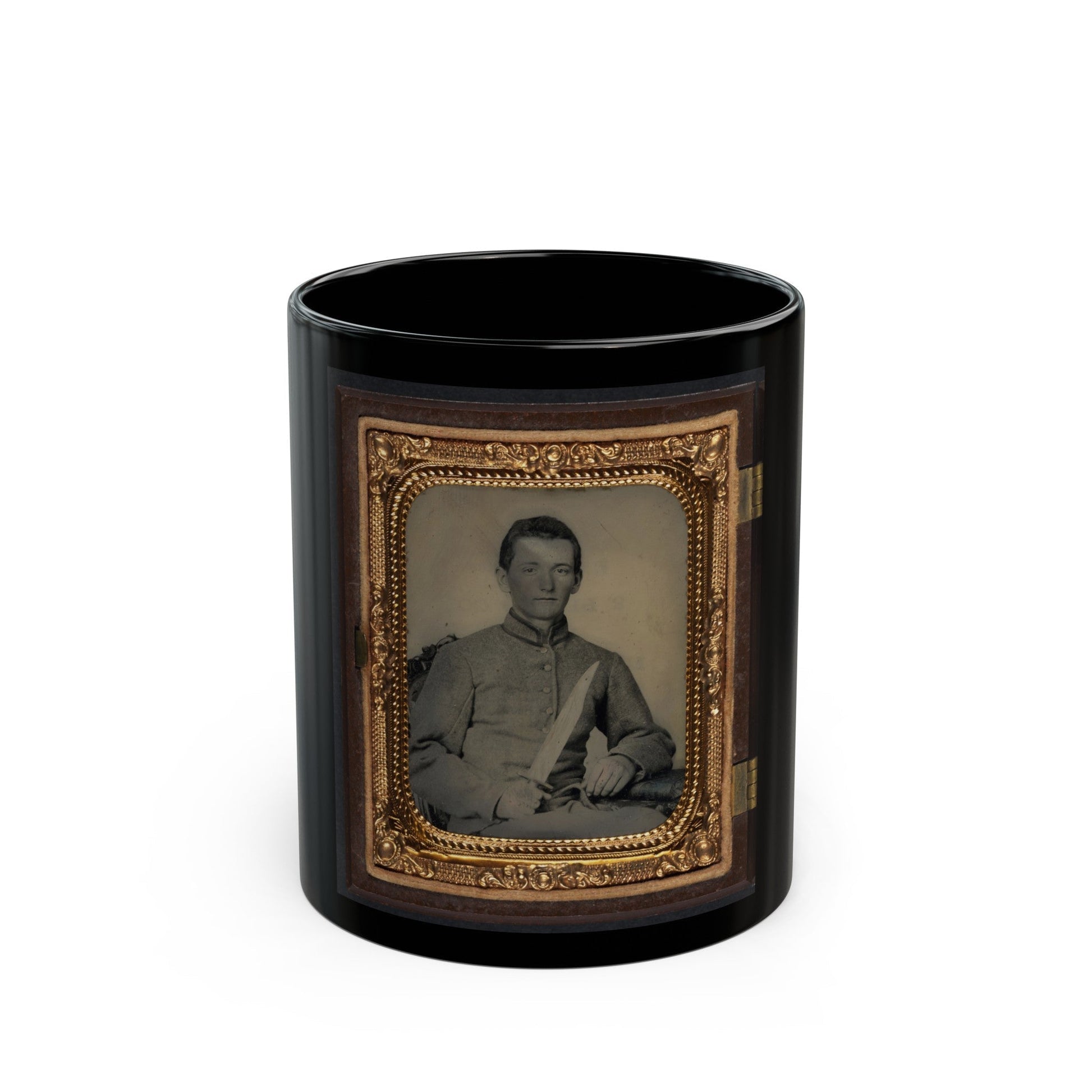 Unidentified Soldier In Confederate Artillery Uniform With Large Bowie Knife (U.S. Civil War) Black Coffee Mug-11oz-The Sticker Space