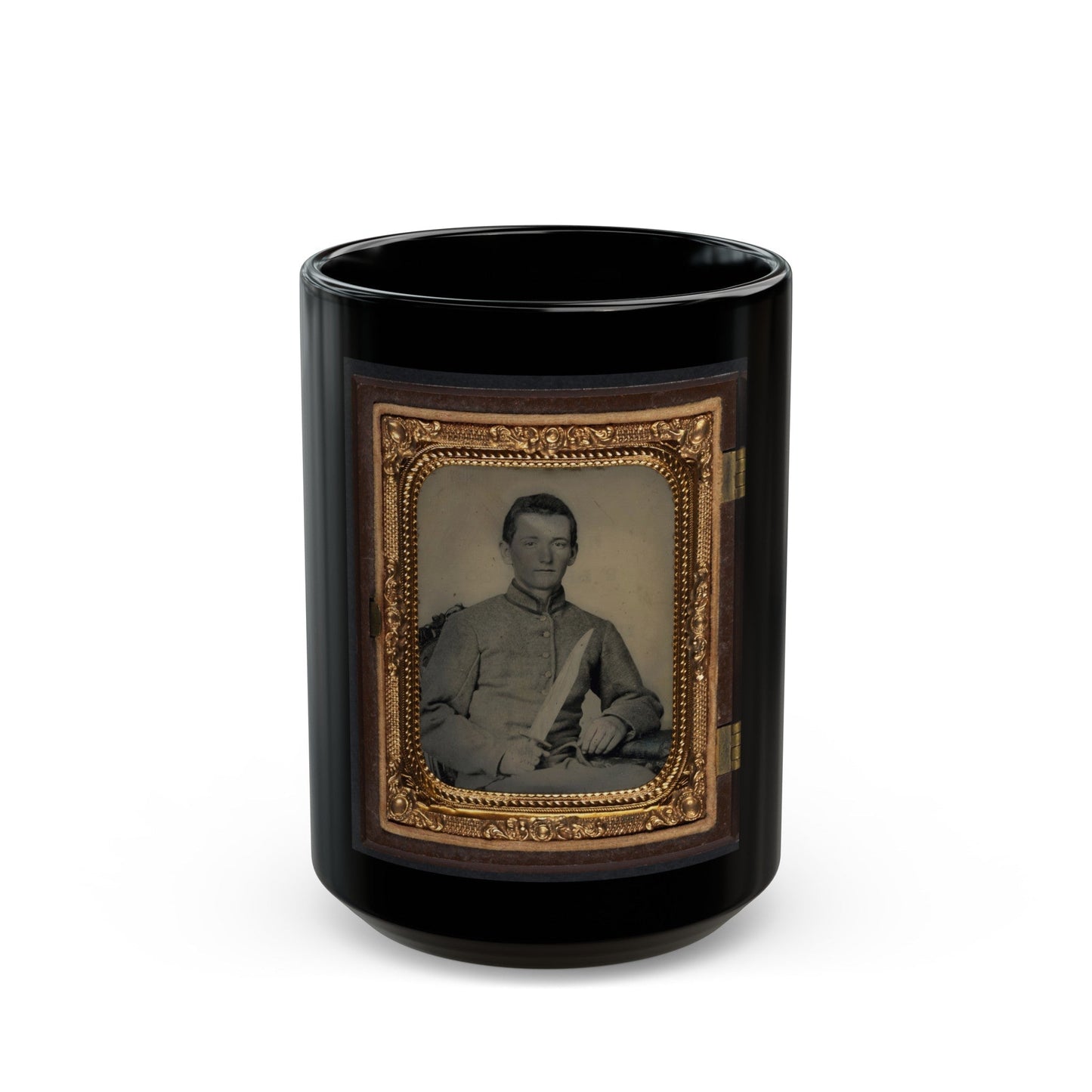 Unidentified Soldier In Confederate Artillery Uniform With Large Bowie Knife (U.S. Civil War) Black Coffee Mug-15oz-The Sticker Space