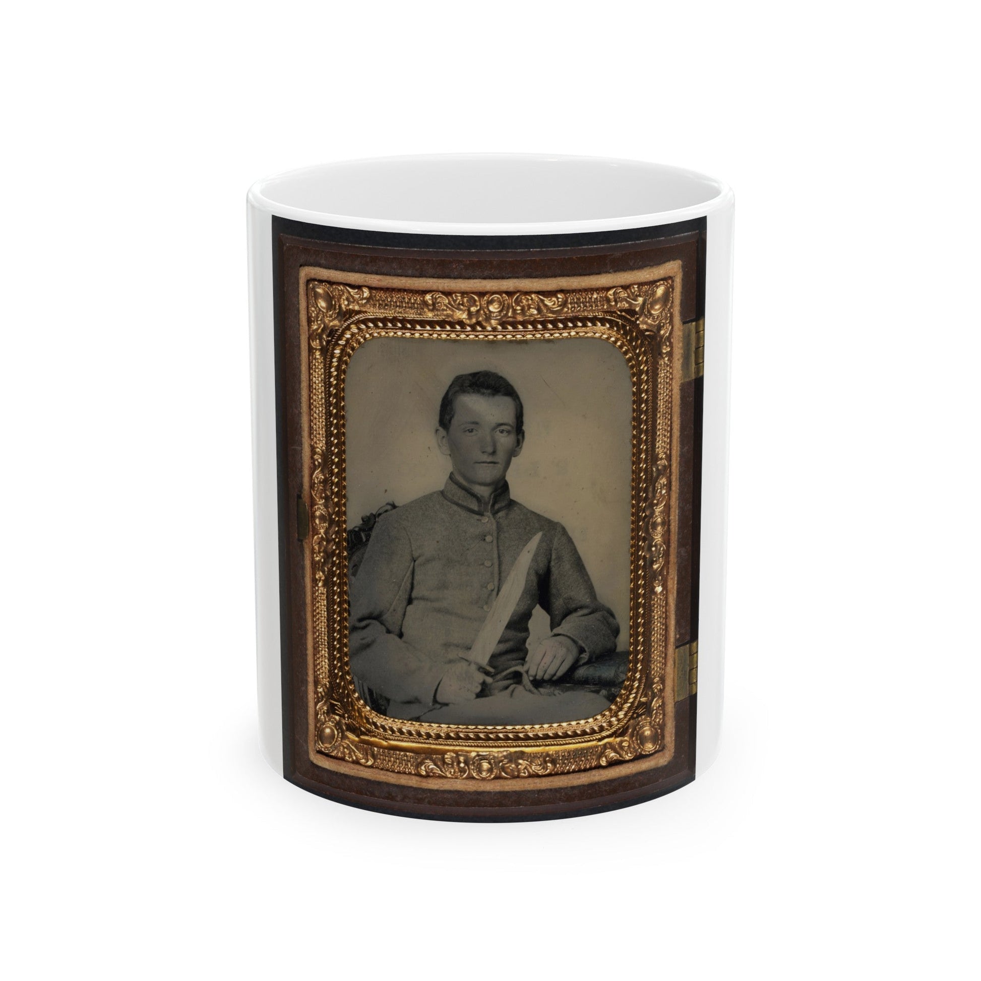 Unidentified Soldier In Confederate Artillery Uniform With Large Bowie Knife (U.S. Civil War) White Coffee Mug-11oz-The Sticker Space