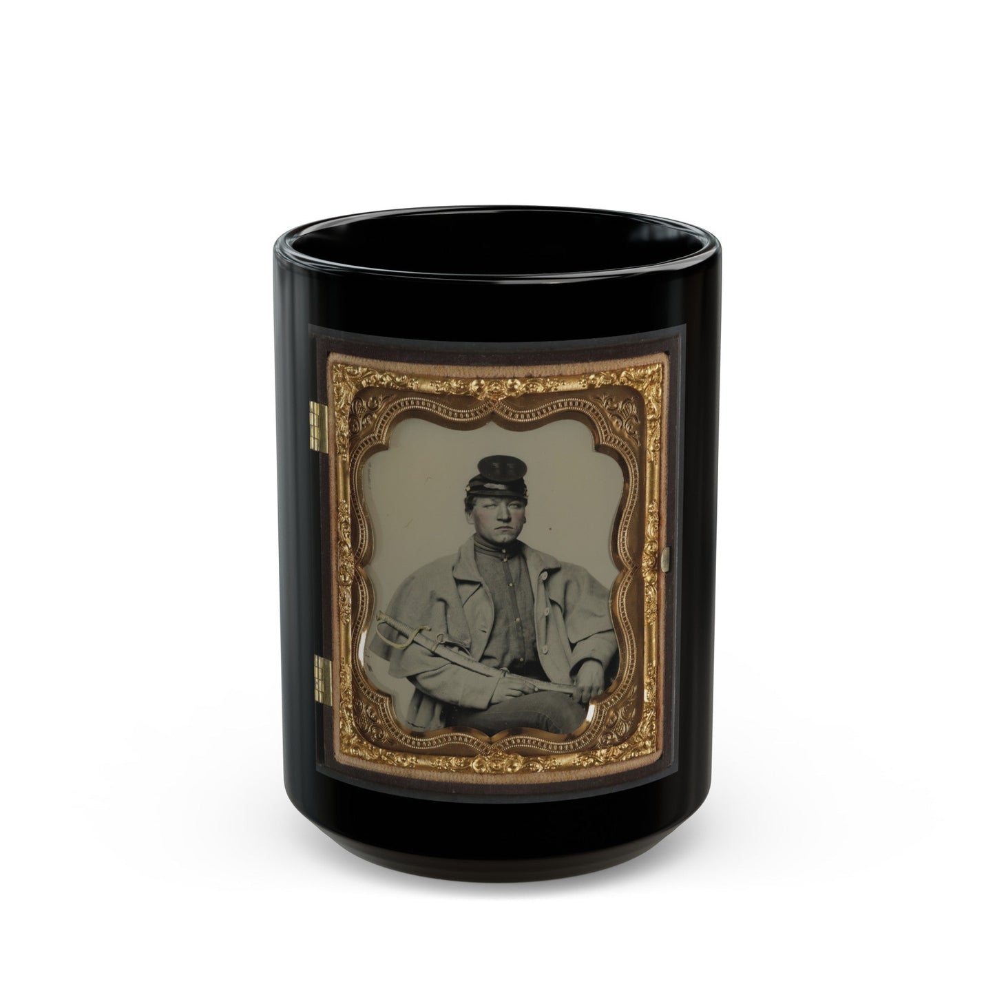 Unidentified Soldier In Confederate Artilleryman Uniform And Greatcoat With Sword (U.S. Civil War) Black Coffee Mug-15oz-The Sticker Space