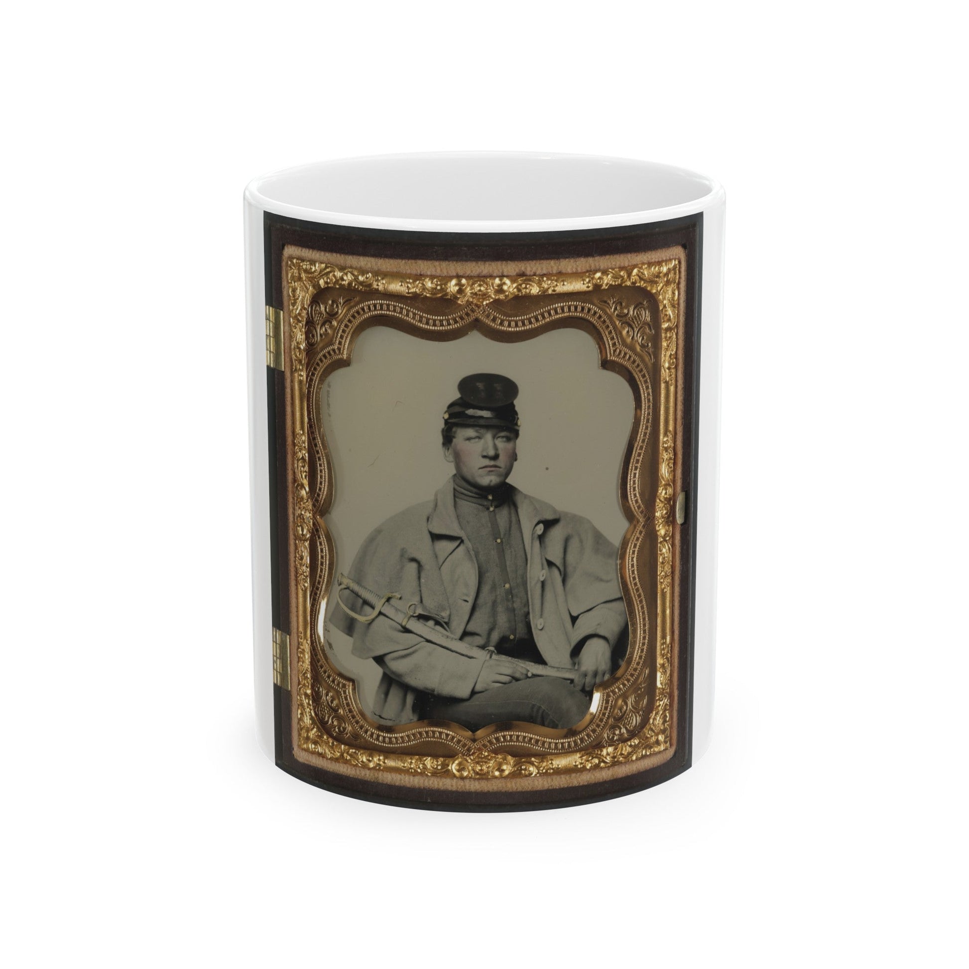 Unidentified Soldier In Confederate Artilleryman Uniform And Greatcoat With Sword (U.S. Civil War) White Coffee Mug-11oz-The Sticker Space