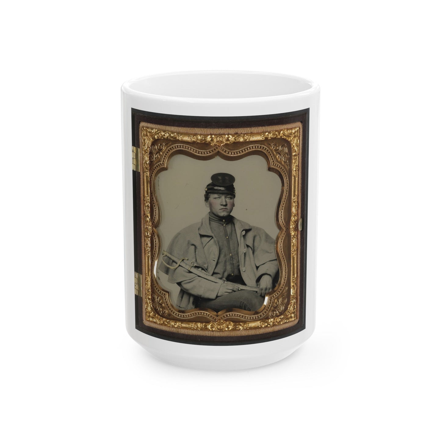 Unidentified Soldier In Confederate Artilleryman Uniform And Greatcoat With Sword (U.S. Civil War) White Coffee Mug-15oz-The Sticker Space