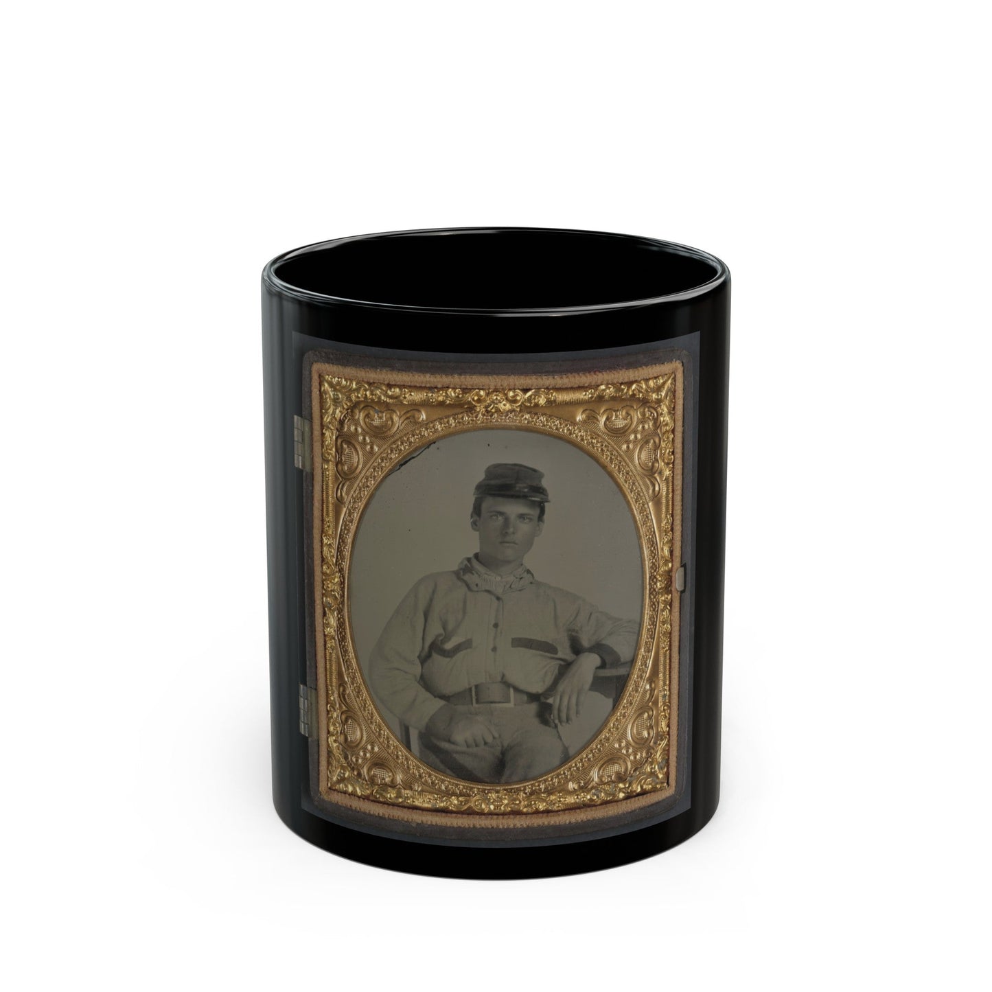 Unidentified Soldier In Confederate Battleshirt, Kepi, And Wishbone Belt Buckle (U.S. Civil War) Black Coffee Mug-11oz-The Sticker Space