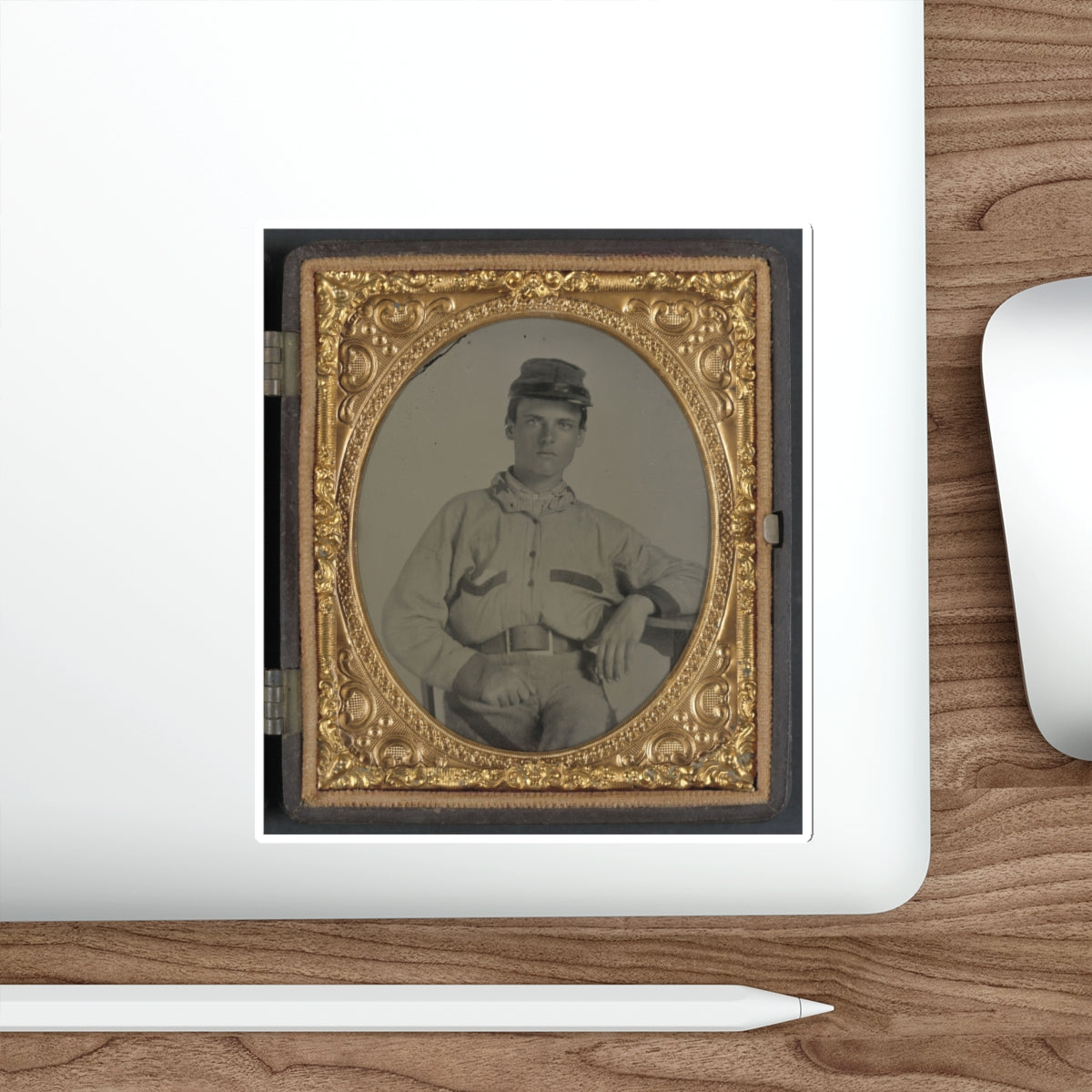 Unidentified Soldier In Confederate Battleshirt, Kepi, And Wishbone Belt Buckle (U.S. Civil War) STICKER Vinyl Die-Cut Decal-The Sticker Space