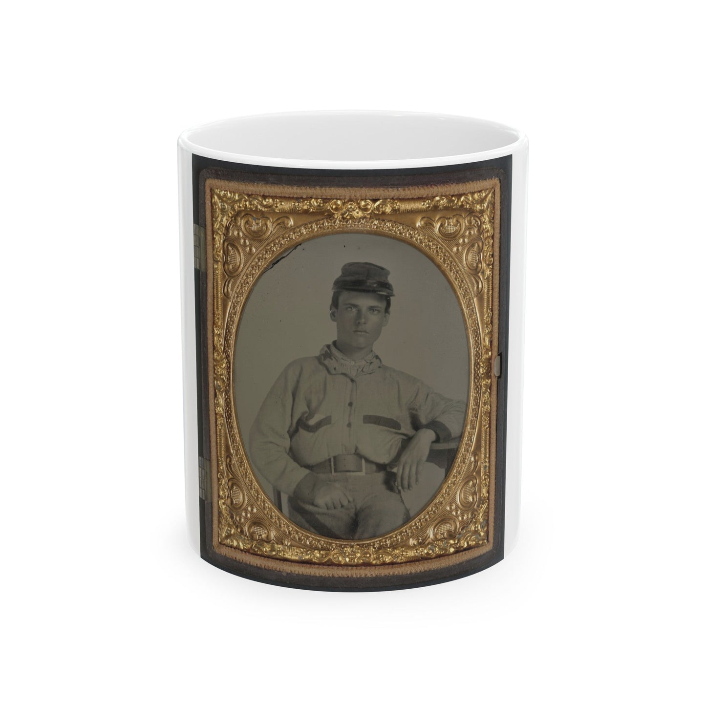 Unidentified Soldier In Confederate Battleshirt, Kepi, And Wishbone Belt Buckle (U.S. Civil War) White Coffee Mug-11oz-The Sticker Space